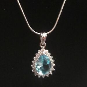 Elegant Swiss Blue Topaz Teardrop Diamond Halo 925 Silver Pendant Necklace 20"